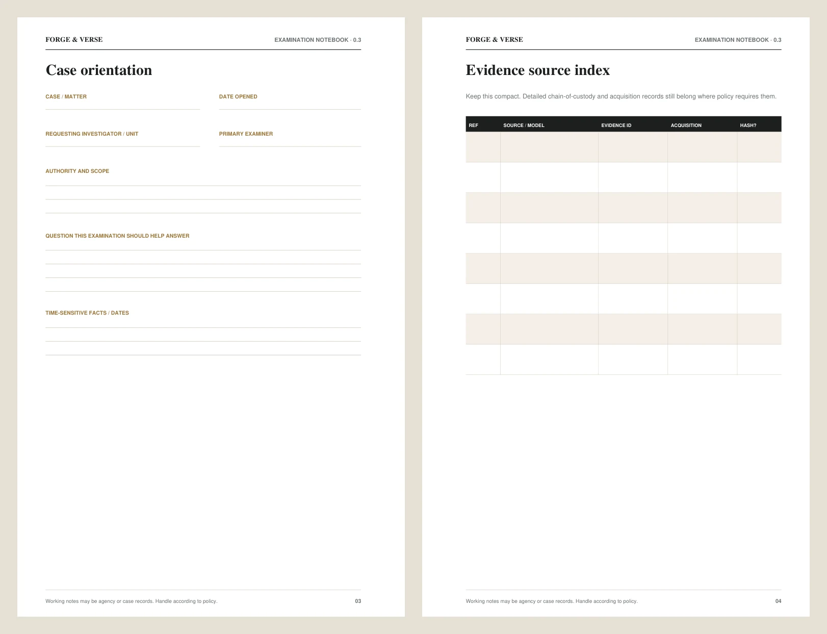 Version 0.3 Examination Notebook pages showing the compact case orientation and evidence-source index.
